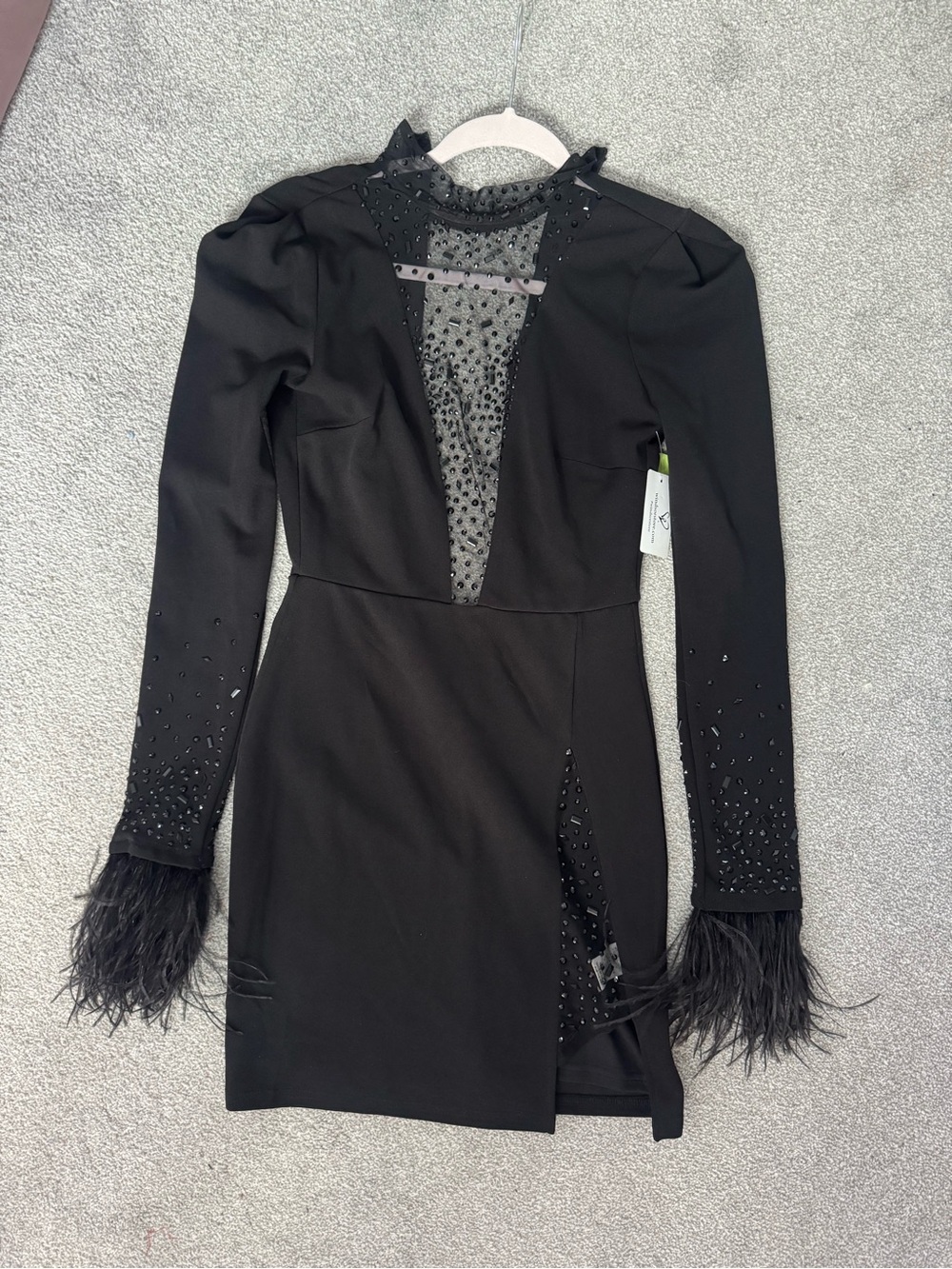 Windsor Black Long-Sleeve Feather Cuff Mini Dress
